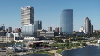 DX0002_149_001 - 5.7K aerial stock footage of a pair of skyscrapers in Downtown Milwaukee, Wisconsin