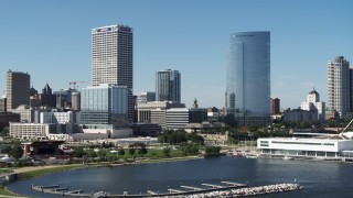 5.7K aerial stock footage of a slow approach to a pair of skyscrapers in Downtown Milwaukee, Wisconsin Aerial Stock Footage | DX0002_149_002