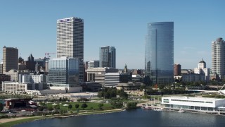 5.7K aerial stock footage of flying away from a pair of skyscrapers in Downtown Milwaukee, Wisconsin Aerial Stock Footage | DX0002_149_003