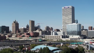 5.7K aerial stock footage of city buildings and skyscraper in Downtown Milwaukee, Wisconsin Aerial Stock Footage | DX0002_149_004