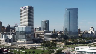 5.7K aerial stock footage of slowly flying by two skyscrapers in Downtown Milwaukee, Wisconsin Aerial Stock Footage | DX0002_149_008