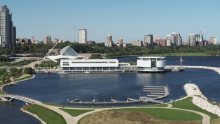 5.7K aerial stock footage of Discovery World museum in Downtown Milwaukee, Wisconsin Aerial Stock Footage | DX0002_149_009