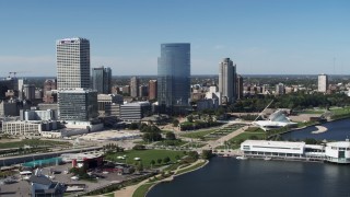 5.7K aerial stock footage of the city's skyscrapers in Downtown Milwaukee, Wisconsin Aerial Stock Footage | DX0002_149_036