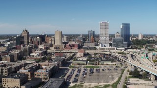 5.7K aerial stock footage of flying by the city's skyline and I-794 in Downtown Milwaukee, Wisconsin Aerial Stock Footage | DX0002_149_041