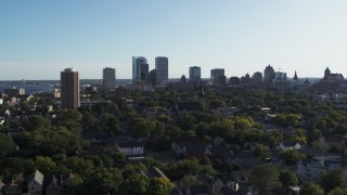 5.7K aerial stock footage of a wide view of the city's skyline in Downtown Milwaukee, Wisconsin Aerial Stock Footage | DX0002_150_001