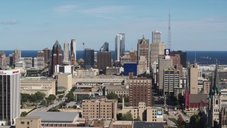 5.7K aerial stock footage flyby the city's skyline in Downtown Milwaukee, Wisconsin seen from the university Aerial Stock Footage | DX0002_152_006