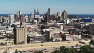 5.7K aerial stock footage of the city's skyline in Downtown Milwaukee, Wisconsin, seen from I-43 Aerial Stock Footage | DX0002_152_020