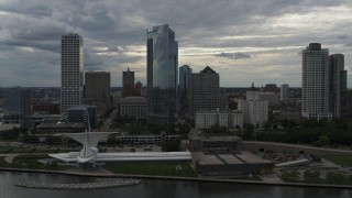 5.7K aerial stock footage of skyscrapers and the waterfront art museum in Downtown Milwaukee, Wisconsin Aerial Stock Footage | DX0002_154_001