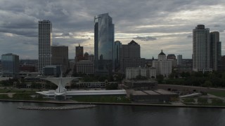 5.7K aerial stock footage of orbiting skyscrapers and the waterfront art museum in Downtown Milwaukee, Wisconsin Aerial Stock Footage | DX0002_154_002