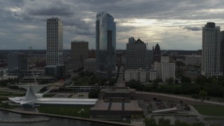 5.7K aerial stock footage flyby skyscrapers and the art museum by Lake Michigan in Downtown Milwaukee, Wisconsin Aerial Stock Footage | DX0002_154_008