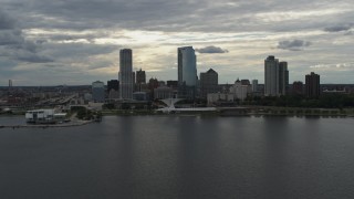 5.7K aerial stock footage of the city's lakefront skyline seen from Lake Michigan in Downtown Milwaukee, Wisconsin Aerial Stock Footage | DX0002_154_013