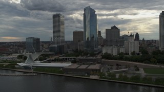 5.7K aerial stock footage fly away from and past skyscrapers and museum, Downtown Milwaukee, Wisconsin Aerial Stock Footage | DX0002_154_020