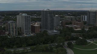 5.7K aerial stock footage of passing by a condominium high-rise in Milwaukee, Wisconsin Aerial Stock Footage | DX0002_154_029