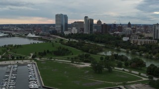 5.7K aerial stock footage of a view of the skyline from Veterans Park, Downtown Milwaukee, Wisconsin Aerial Stock Footage | DX0002_154_031