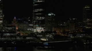 5.7K aerial stock footage approach and flyby skyscraper and museum seen from Lake Michigan at night, Downtown Milwaukee, Wisconsin Aerial Stock Footage | DX0002_157_044