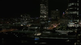 5.7K aerial stock footage orbit museum near skyscrapers at night, Downtown Milwaukee, Wisconsin Aerial Stock Footage | DX0002_157_045