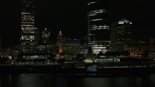 5.7K aerial stock footage slow orbit of the lakefront museum near skyscrapers at night, Downtown Milwaukee, Wisconsin Aerial Stock Footage | DX0002_157_048