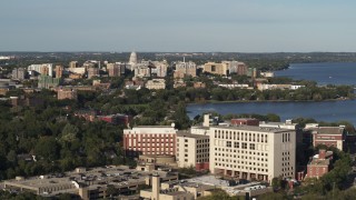 DX0002_161_008 - 5.7K aerial stock footage wide view of the capitol dome and downtown seen from hospital, Madison, Wisconsin