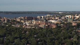 5.7K aerial stock footage of approaching a hospital near downtown, Madison, Wisconsin Aerial Stock Footage | DX0002_161_011