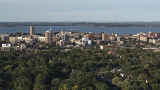 5.7K aerial stock footage of a wide orbit of the lakeside university campus, Madison, Wisconsin Aerial Stock Footage | DX0002_161_016