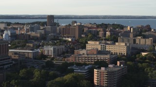 5.7K aerial stock footage of slowly flying by university campus buildings, Madison, Wisconsin Aerial Stock Footage | DX0002_161_023