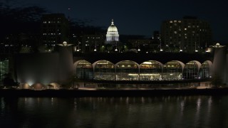 5.7K aerial stock footage fly over the convention center and orbit capitol at night, Madison, Wisconsin Aerial Stock Footage | DX0002_162_040