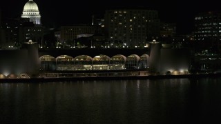 5.7K aerial stock footage fly toward the convention center at night, Madison, Wisconsin Aerial Stock Footage | DX0002_162_061