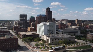 5.7K aerial stock footage the city's skyline seen while passing office buildings in Downtown Des Moines, Iowa Aerial Stock Footage | DX0002_165_002