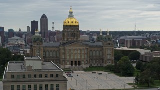 5.7K aerial stock footage orbiting the front of the Iowa State Capitol, skyline in the background, Des Moines, Iowa Aerial Stock Footage | DX0002_166_012