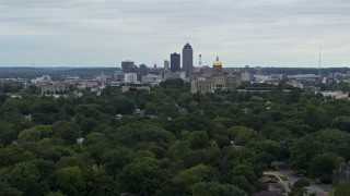 5.7K aerial stock footage of a wide stationary view of the city's skyline and capitol, Downtown Des Moines, Iowa Aerial Stock Footage | DX0002_166_017