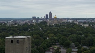 DX0002_166_018 - 5.7K aerial stock footage of a wide view of the city's skyline and state capitol, Downtown Des Moines, Iowa