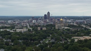 DX0002_166_020 - 5.7K aerial stock footage of the city's skyline behind the state capitol, Downtown Des Moines, Iowa