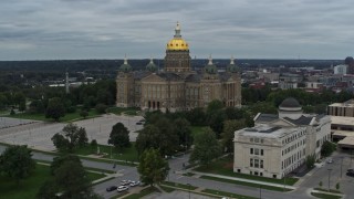 DX0002_166_028 - 5.7K aerial stock footage orbit the state library building and the Iowa State Capitol, Des Moines, Iowa