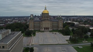 5.7K aerial stock footage approach and orbit the Iowa State Capitol with skyline in the background, Des Moines, Iowa Aerial Stock Footage | DX0002_166_029