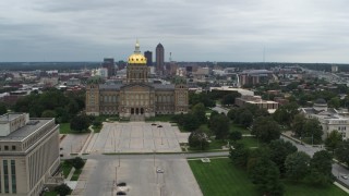 5.7K aerial stock footage of the distant skyline behind the capitol building, Des Moines, Iowa Aerial Stock Footage | DX0002_166_039