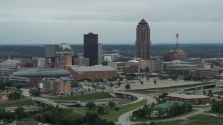 5.7K aerial stock footage of a view of the city's skyline and skyscraper in Downtown Des Moines, Iowa Aerial Stock Footage | DX0002_167_002