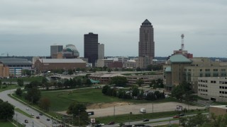 5.7K aerial stock footage of the city's skyline and tall skyscraper in Downtown Des Moines, Iowa, seen from the hospital Aerial Stock Footage | DX0002_167_005