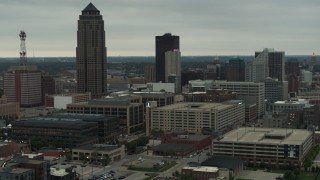 5.7K aerial stock footage a skyscraper towering over office buildings in Downtown Des Moines, Iowa Aerial Stock Footage | DX0002_167_021