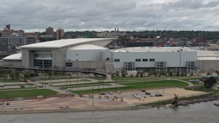 DX0002_169_004 - 5.7K aerial stock footage of orbiting CHI Health Center Omaha arena, Downtown Omaha, Nebraska