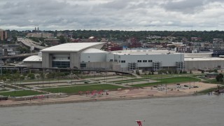 DX0002_169_005 - 5.7K aerial stock footage of CHI Health Center Omaha, Downtown Omaha, Nebraska