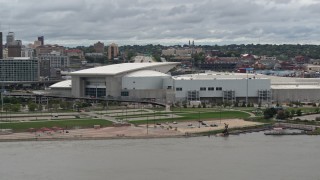 DX0002_169_006 - 5.7K aerial stock footage of a view of CHI Health Center Omaha, Downtown Omaha, Nebraska