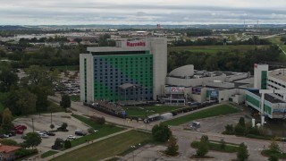 DX0002_169_037 - 5.7K aerial stock footage orbit and reverse view of the hotel and casino in Council Bluffs, Iowa