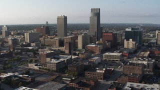 DX0002_170_041 - 5.7K aerial stock footage slow orbit of the city's tall skyscrapers in Downtown Omaha, Nebraska