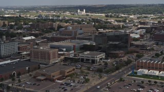 5.7K aerial stock footage flying by Ho-Chunk Centre and nearby office buildings, Downtown Sioux City, Iowa Aerial Stock Footage | DX0002_175_005