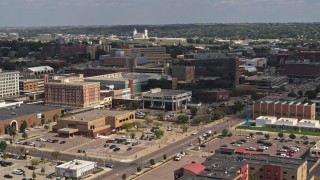 DX0002_175_006 - 5.7K aerial stock footage ascend and approach Ho-Chunk Centre and nearby office buildings, Downtown Sioux City, Iowa