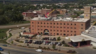 DX0002_175_013 - 5.7K aerial stock footage flying toward the Hard Rock Hotel and Casino, Downtown Sioux City, Iowa