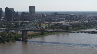 5.7K aerial stock footage of slowly approach the bridge spanning the Mississippi River, Memphis, Tennessee Aerial Stock Footage | DX0002_177_016