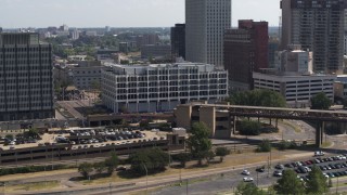 5.7K aerial stock footage of approaching city hall in Downtown Memphis, Tennessee Aerial Stock Footage | DX0002_177_032