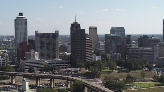 5.7K aerial stock footage orbit an office tower with spire in Downtown Memphis, Tennessee Aerial Stock Footage | DX0002_177_043