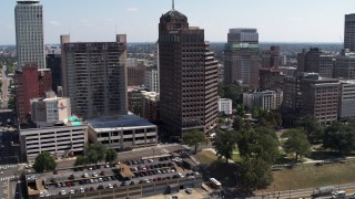 5.7K aerial stock footage descend and fly away from office towers in Downtown Memphis, Tennessee Aerial Stock Footage | DX0002_178_012